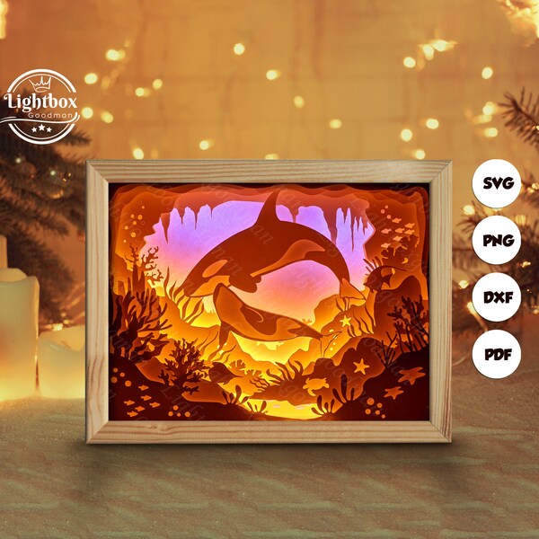 Orca Whales Shadow Box Files, Paper Cut Light Box Template Files, Shadow Box Paper Cut, 3D Papercut Light Box SVG File DIY, Cutting Cricut Orca Whales Shadow Box Files, Paper Cut Light Box Template Files, Shadow Box Paper Cut, 3D Papercut Light Box SVG File DIY, Cutting Cricut