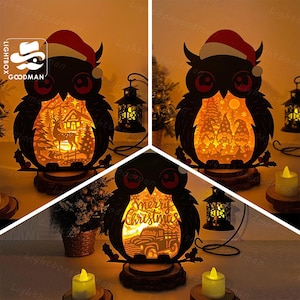 Pack 3 Xmas Christmas Owl Lantern SVG - Xmas  Lantern Paper Cut - DIY Paper Lantern - Paper Cutting Template - Christmas Lantern Template 2