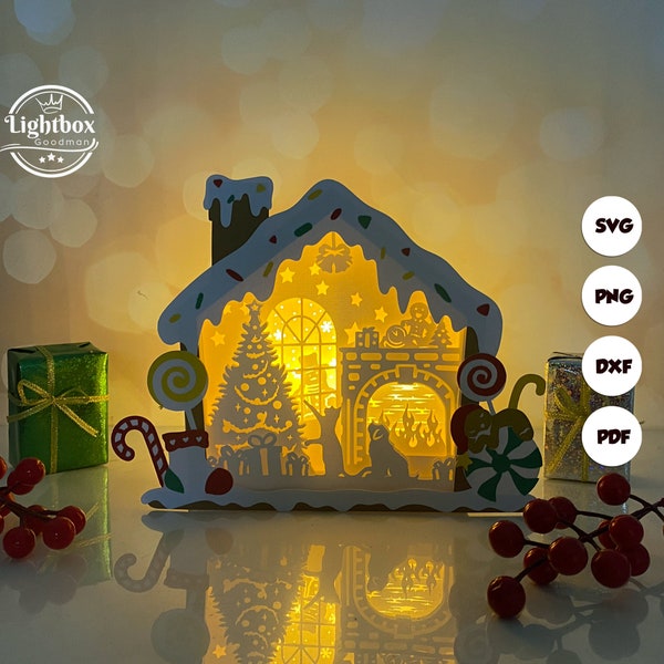 Cheminée maison en pain d'épice boîte Shadow Box SVG pour projets Cricut bricolage, lanterne maison en pain d'épice pour décoration de Noël