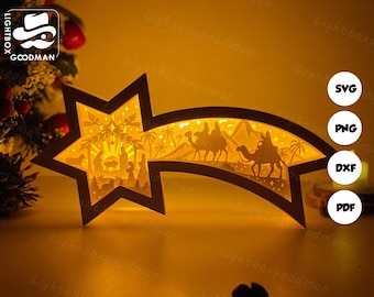 Linterna de estrella con escena de la Natividad SVG - Linterna navideña de papel recortado - Linterna de papel DIY - Plantilla para cortar papel - Plantilla de linterna navideña
