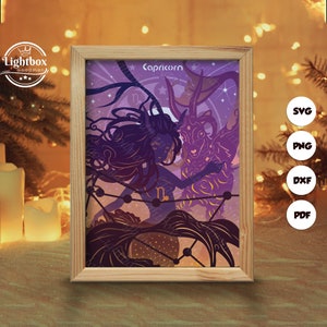 Silhouette 3D del Capricorno, modelli per Shadow Box, carta tagliata, file per Cricut, per Silhouette, file tagliati al laser, arte a strati 3D