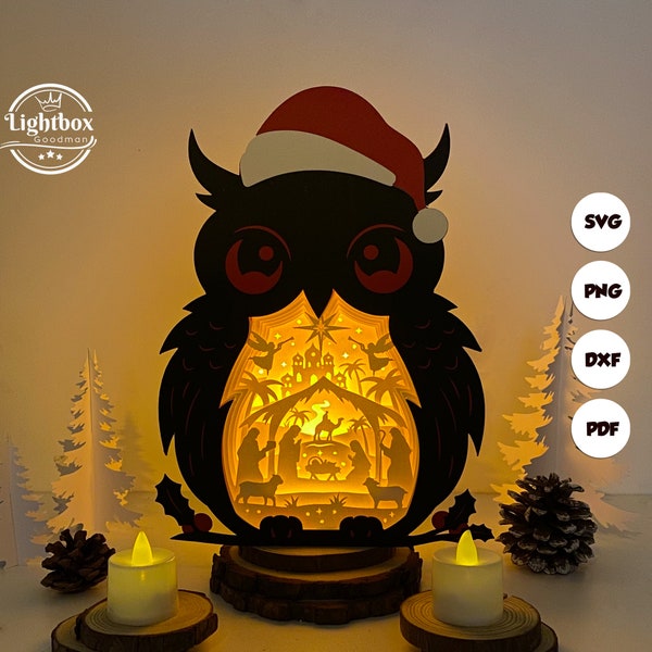 Nativity Scene Christmas Owl Shadow Box SVG For Cricut Projects DIY, Nativity Christmas Owl Lantern For Christmas Decoration