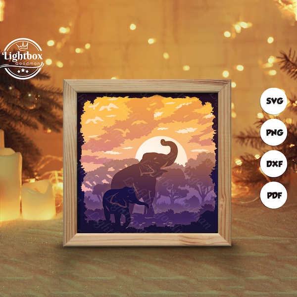 Elephant 3 Shadow Box Files, Paper Cut Light Box Template Files, Shadow Box Paper Cut, 3D Papercut Light Box SVG File DIY, Cutting Cricut