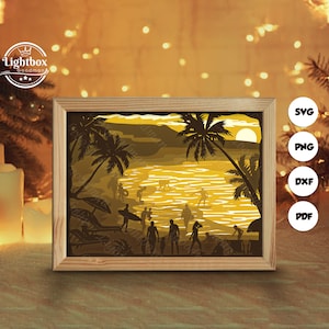 Silhouette 3D di una spiaggia, modelli per shadow box, carta tagliata, file per Cricut, per Silhouette, file tagliati al laser, arte a strati 3D 2