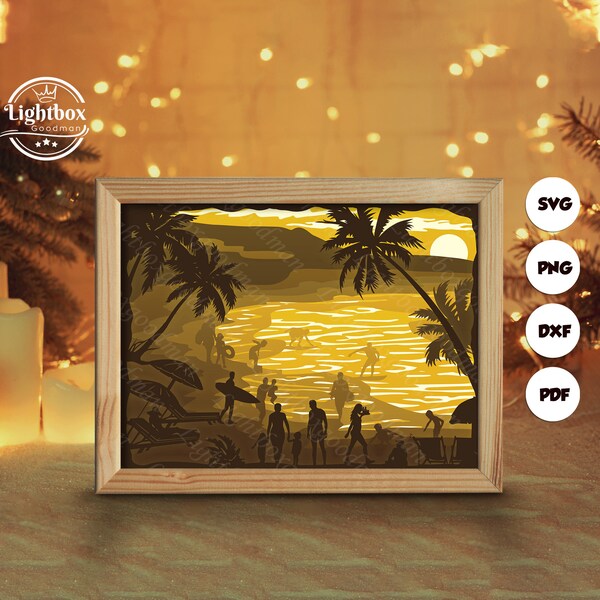 Seaside 2 Shadow Box Files, Paper Cut Light Box Template Files, Shadow Box Paper Cut, 3D Papercut Light Box SVG File DIY, Cutting Cricut