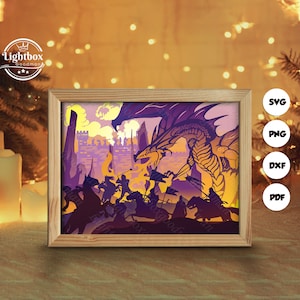 Silhouette di drago 3D, modelli per Shadow Box, carta tagliata, file per Cricut, per Silhouette, file tagliati al laser, arte a strati 3D 1
