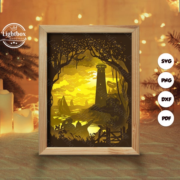 Lighthouse 2 Shadow Box Files, Paper Cut Light Box Template Files, Shadow Box Paper Cut, 3D Papercut Light Box SVG File DIY, Cutting Cricut