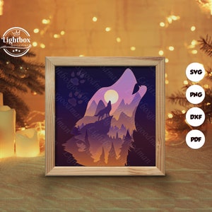 Silhouette simple 3D de loup, modèles de boîte d'ombre, papier découpé, fichiers pour cricut, pour la silhouette, fichiers découpés au laser, art en couches 3D