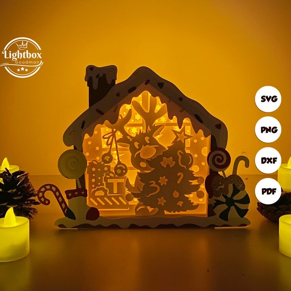 Reindeer Gingerbread House Box Shadow Box SVG For Cricut Projects DIY, Gingerbread House Box Lantern For Christmas Decoration