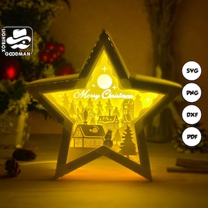 Merry Christmas Village Star Lantern SVG - Xmas Lantern Paper Cut - DIY Paper Lantern - Paper Cutting Template - Christmas Lantern Template