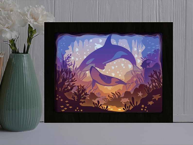 Orca Whales Shadow box svg Paper cut light box template | Etsy