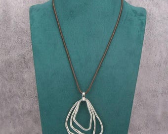 Geometric Silver Ring Pendant Necklace: Brown Waxed Cotton Cord, Adjustable