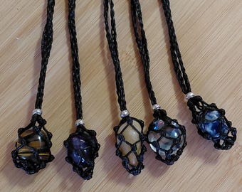 Macrame Crystal Holder Necklace: Black, Silver Beads, Moonstone pouch, Adjustable length.