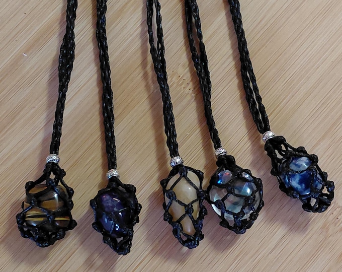 Macrame Crystal Holder Necklace: Black, Silver Beads, Moonstone pouch, Adjustable length.