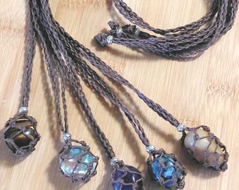 Macrame Crystal Holder Necklace: Light Brown, Silver Beads, Adjustable
