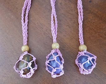Handmade Pink Macrame Crystal Holder Necklace: Adjustable Waxed Cotton Cord