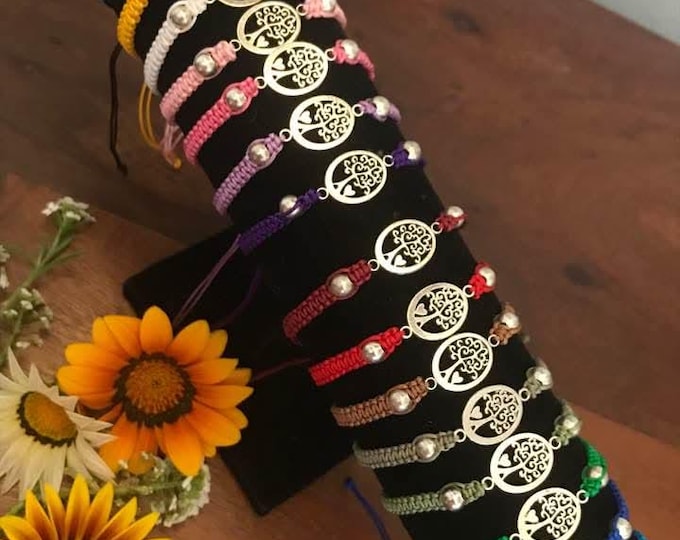Tree of life Macrame Bracelet, Silver charm , Nylon Cord , adjustable, Boho.