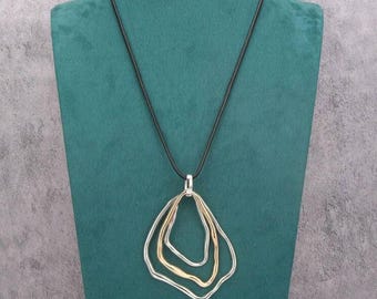 Geometric Silver and Gold Ring Pendant Necklace: Adjustable Waxed Cotton Cord