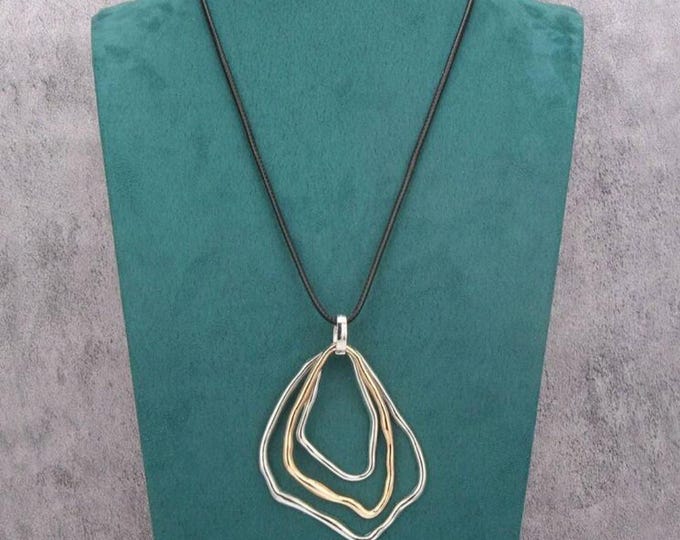 Geometric Silver and Gold Ring Pendant Necklace: Adjustable Waxed Cotton Cord