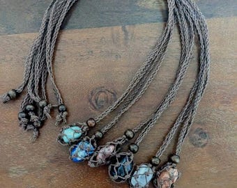 Macrame Crystal Holder Necklace:  Brown Braided Cord, Brown Wooden Beads Adjustable