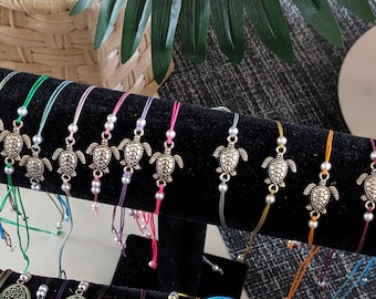 Sea Turtle Anklet, Silver charm , Nylon Cord , adjustable, Boho, Minimalistic.