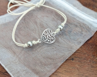 Heart Anklet, Silver charm , Waxed cotton Cord , adjustable, Boho, Minimalistic.