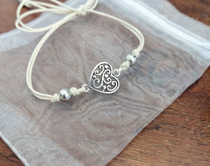 Heart Anklet, Silver charm , Waxed cotton Cord , adjustable, Boho, Minimalistic.