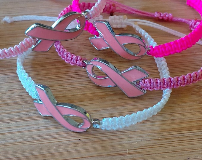 Handmade Pink Ribbon Macrame Bracelet: Adjustable Nylon Cord