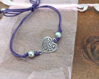 Anklet, Silver Heart charm , Waxed cotton Cord , adjustable, Boho, Minimalistic.