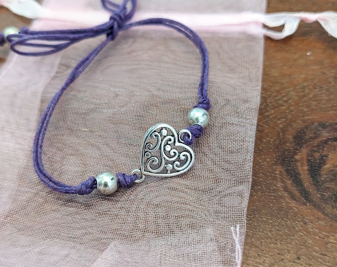 Anklet, Silver Heart charm , Waxed cotton Cord , adjustable, Boho, Minimalistic.