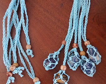 Handmade Baby Blue Macrame Crystal Holder Necklace: Adjustable Waxed Cotton