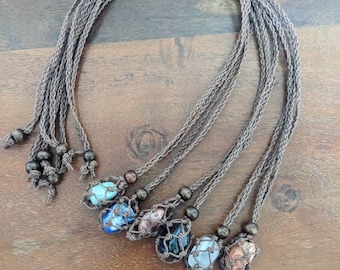 Macrame Crystal Holder Necklace: Dark Brown Braided Cord, Brown Wooden Beads Adjustable