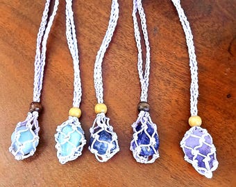 Handmade Lilac Macrame Crystal Holder Necklace: Adjustable Waxed Cotton