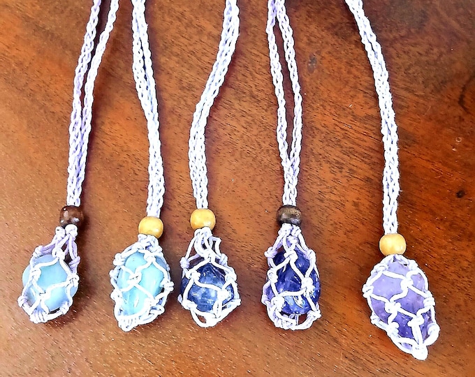 Handmade Lilac Macrame Crystal Holder Necklace: Adjustable Waxed Cotton
