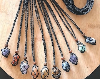 Macrame Crystal Holder Necklace: Black Adjustable Waxed Cotton Cord, wooden beads