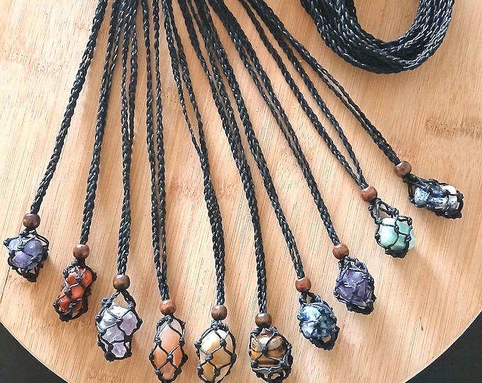 Macrame Crystal Holder Necklace: Black Adjustable Waxed Cotton Cord, wooden beads