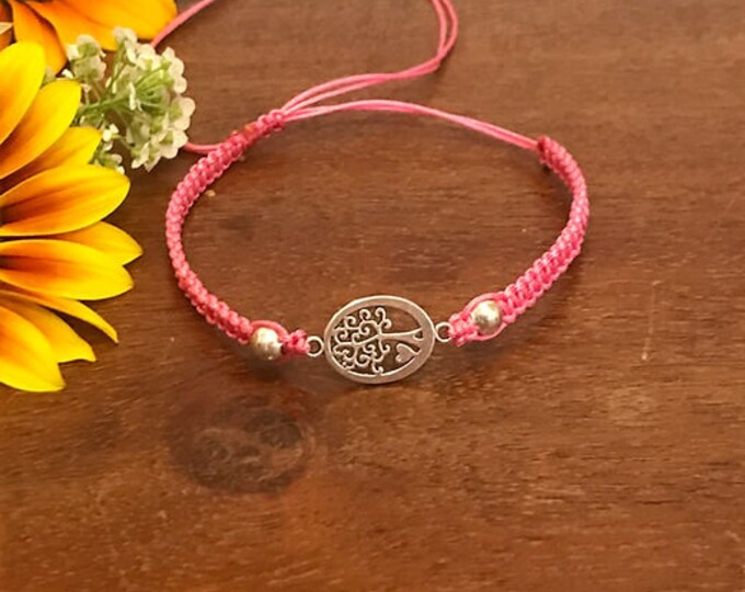 Tree of life Macrame Bracelet, Silver charm , Nylon Cord , adjustable, Boho.
