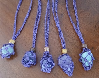 SALE SALE SALE...Purple Crystal holder long Macrame Necklace, Hand Made, Waxed Cotton , Adjustable ( stones not included)