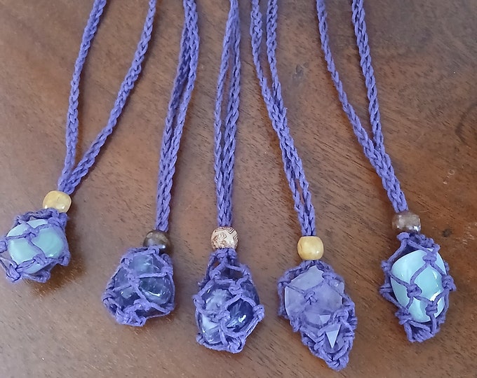 SALE SALE SALE...Purple Crystal holder long Macrame Necklace, Hand Made, Waxed Cotton , Adjustable ( stones not included)