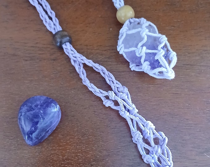Handmade Lilac Macrame Crystal Holder Necklace: Adjustable Waxed Cotton