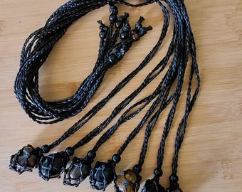 Macrame Crystal Holder Necklace: Black Adjustable Waxed Cotton Cord, wooden beads