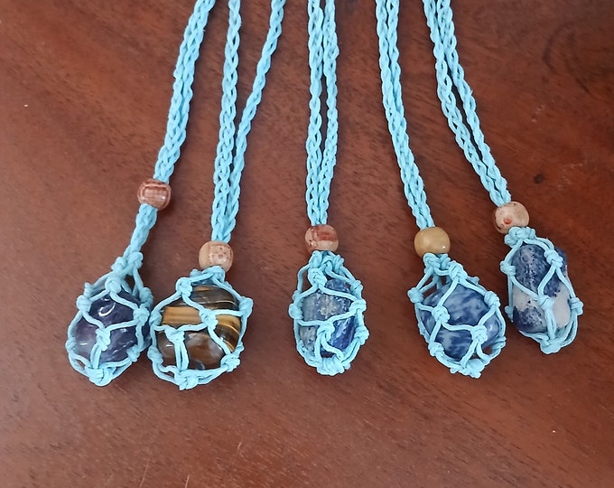 SALE SALE SALE...Baby Blue Crystal holder long Macrame Necklace, Hand Made, Waxed Cotton , Adjustable ( stones not included)