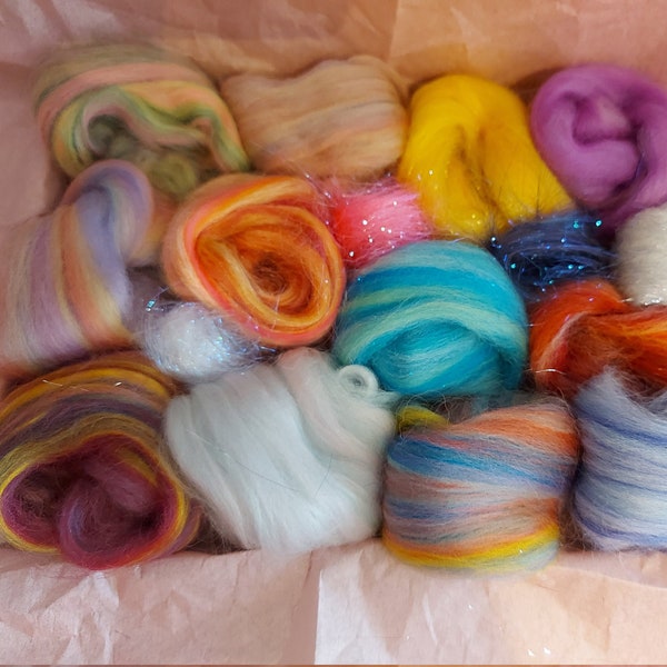 Fairy wool, variety pack, merino, bamboo, tussah silk, fairy colour wool, fairies, felting wool, roving mix box, mini batts, UK Wool Shop