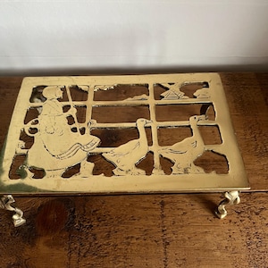 Vintage Solid Brass Oblong Footed Trivet | Retro Hot Teapot Stand- Kitchenalia | MCM Planter Holder -Geese - Farmhouse Decor