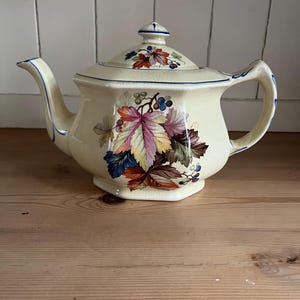 May include: A cream-coloured teapot with a blue and white trim. The teapot has a floral design with leaves in shades of pink, yellow, green, and blue. The teapot has a lid with a knob on top.