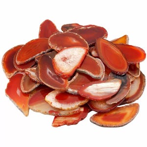 May include: A collection of polished agate slices in various shades of red, orange, and amber. Each piece features unique translucent banding, crystalline centres, and natural, rough-textured edges, creating a vibrant, multi-layered display.