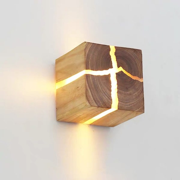 Holz-Wandlampe, natürliche rissige Holzlampe, Kiefer, Armeniaca Sibirica-Holz, Wanddekor, 3,15 "× 3,15"×3,15", Schlafzimmerlampen, Atmosphärenlampe
