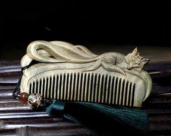 Personalized Green Sandalwood Comb: Handmade Carved Wood Gift