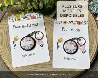 Carte avec porte clé - Cadeau maîtresse, atsem, nounou, aesh - Bleu