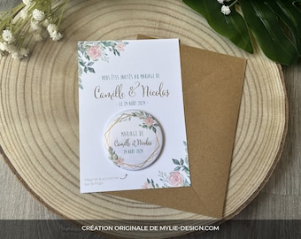 Faire part mariage champêtre et fleurs avec badge magnétique